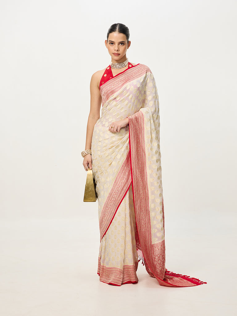 Handwoven Off-White & Red Cutwork Banarasi Saree