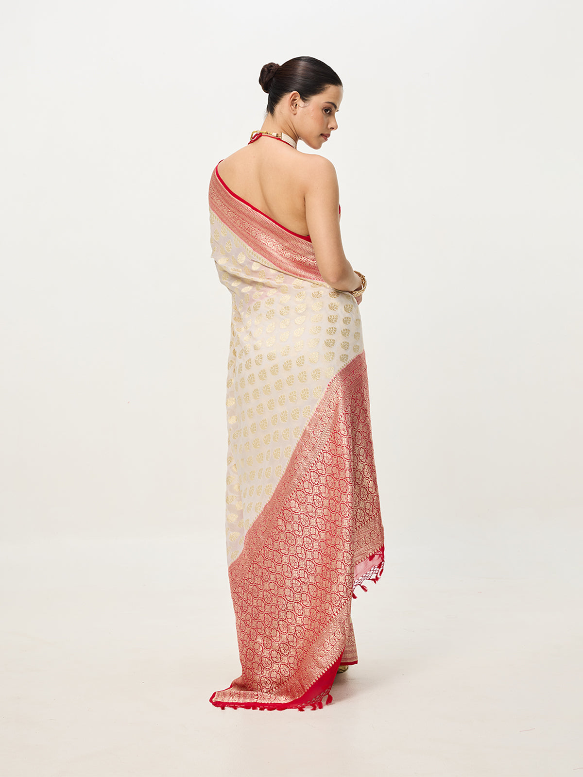 Handwoven Off-White & Red Cutwork Banarasi Saree