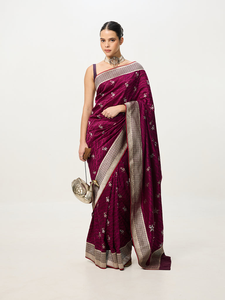 Handwoven Magenta Cutwork Banarasi Saree