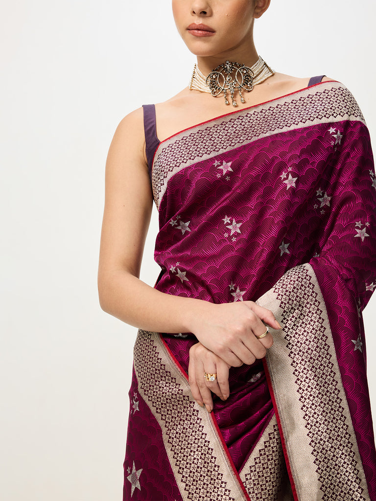 Handwoven Magenta Cutwork Banarasi Saree