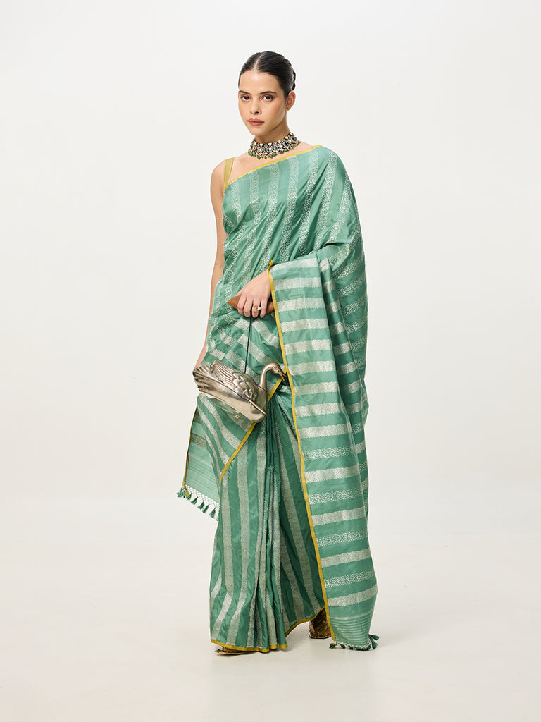 Handwoven Pistachio Banarasi Emboss Saree