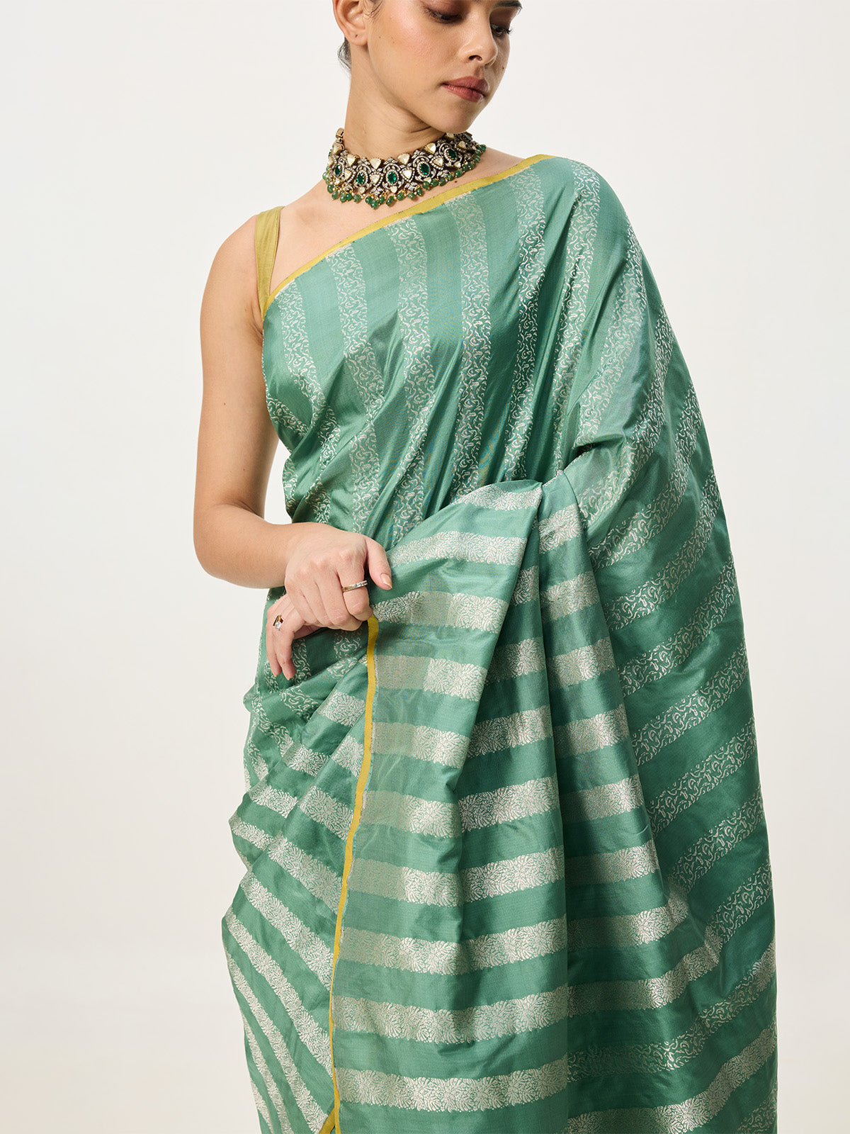 Handwoven Pistachio Banarasi Emboss Saree