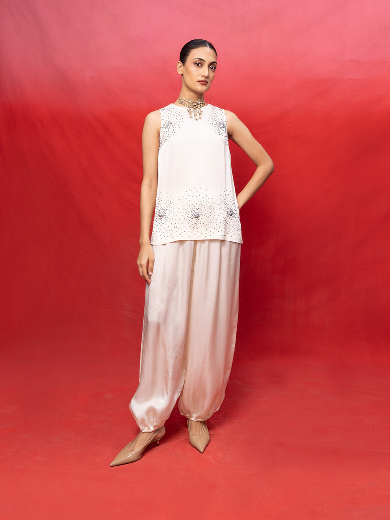 Handwoven Ivory Silk Embroidered Top and Pant Set