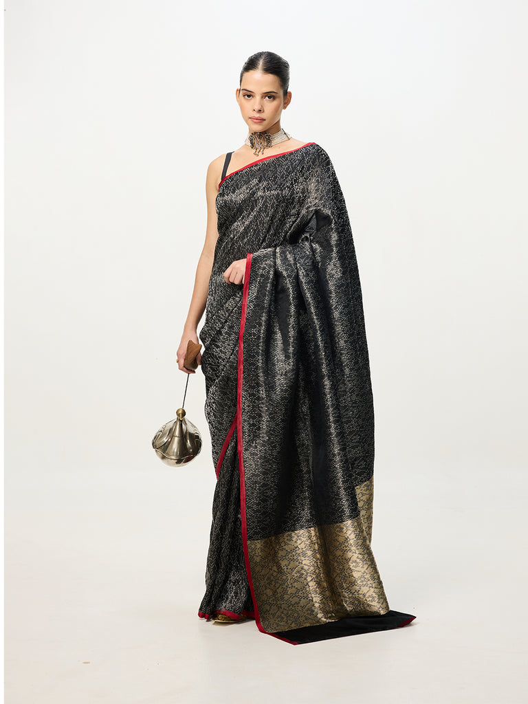 Handwoven Black & Red Banarasi Emboss Saree