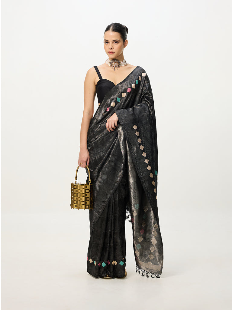 Handwoven Dusty Black Kadhwa Banarasi Saree