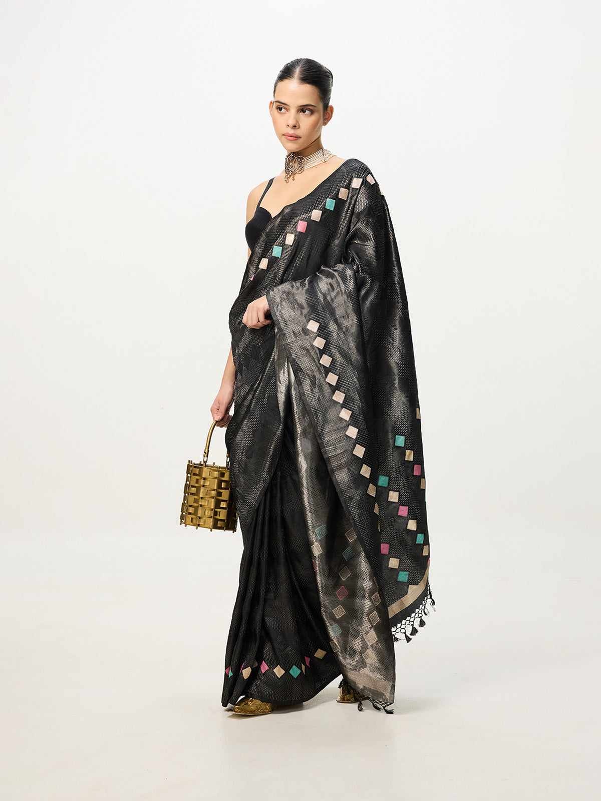 Handwoven Dusty Black Kadhwa Banarasi Saree
