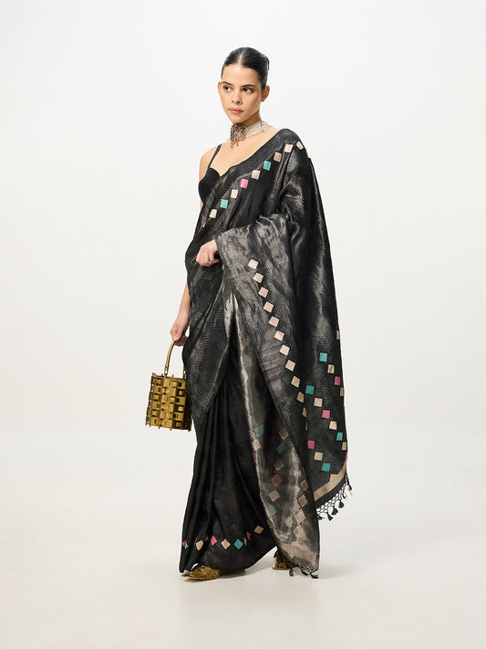 Handwoven Dusty Black Kadhwa Banarasi Saree