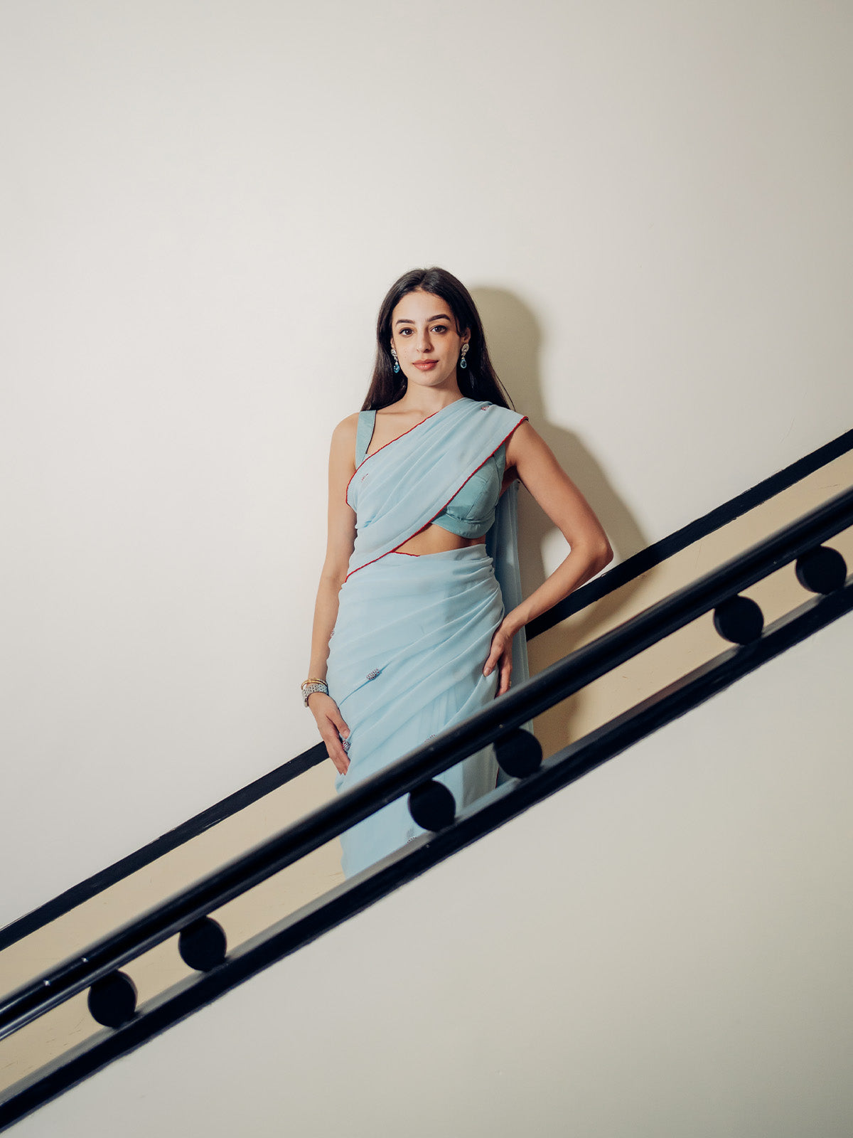 Handwoven Ice Blue Georgette Embroidered Saree