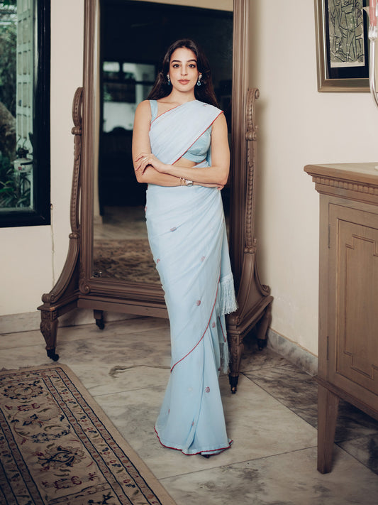 Handwoven Ice Blue Georgette Embroidered Saree