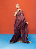 Handwoven Wine Kora Banarasi Saree