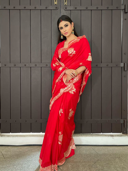 Mouni Roy in Handwoven Red Silk Saree