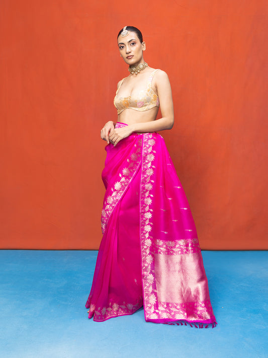Handwoven Fuchsia Kora Banarasi Saree
