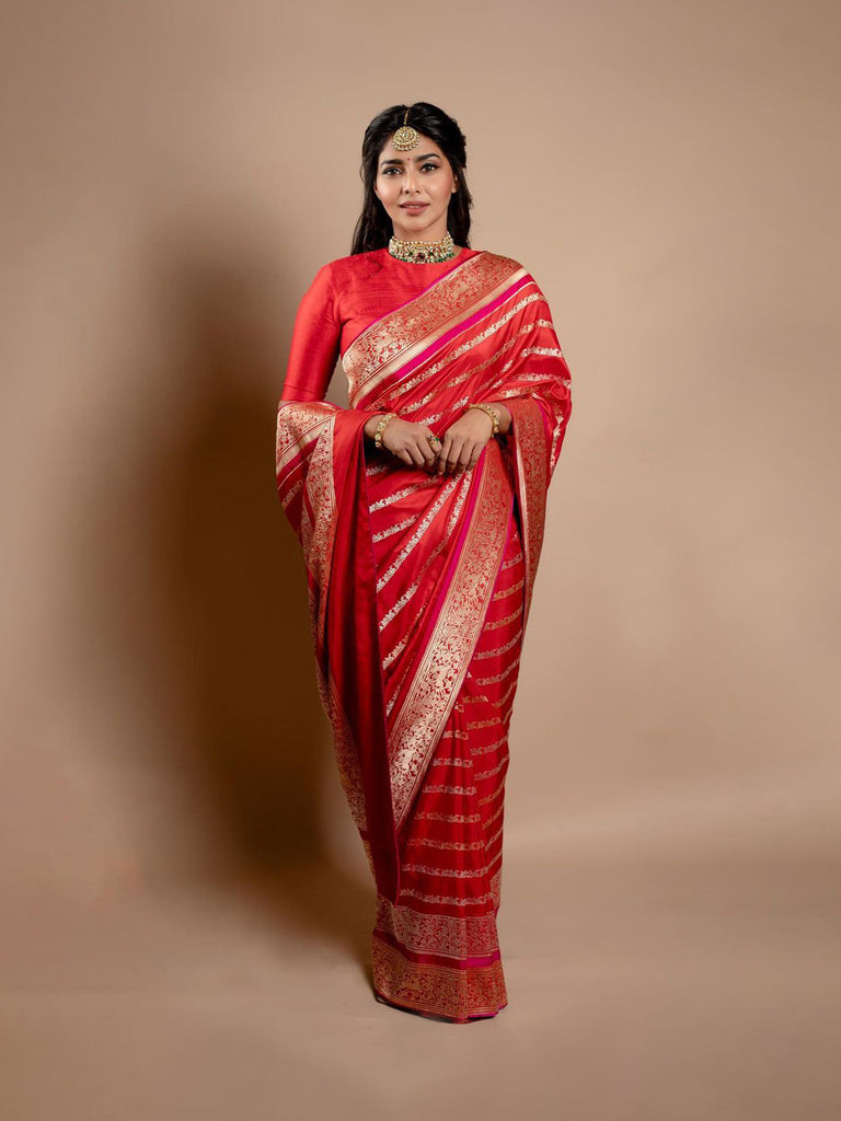 Aishwarya Lekshmi in Handwoven Red Silk Saree