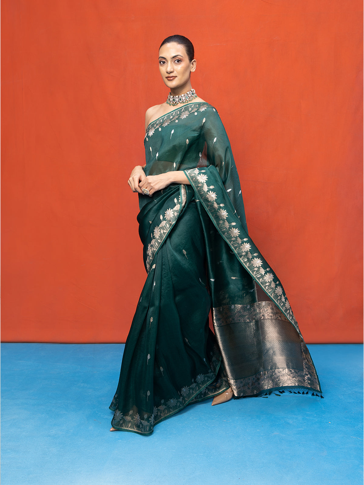 Handwoven Bottle Green Kora Banarasi Saree