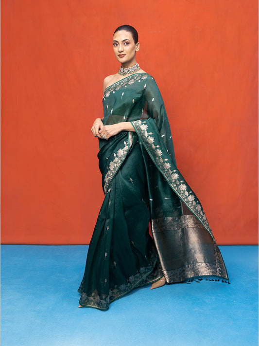 Handwoven Bottle Green Kora Banarasi Saree