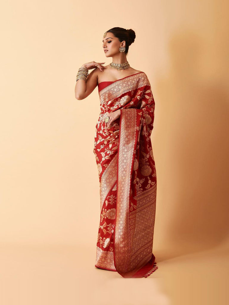 Tara Sutaria in Handwoven Red Silk Saree