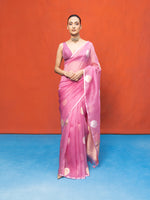 Handwoven Coral Pink Kora Banarasi Saree