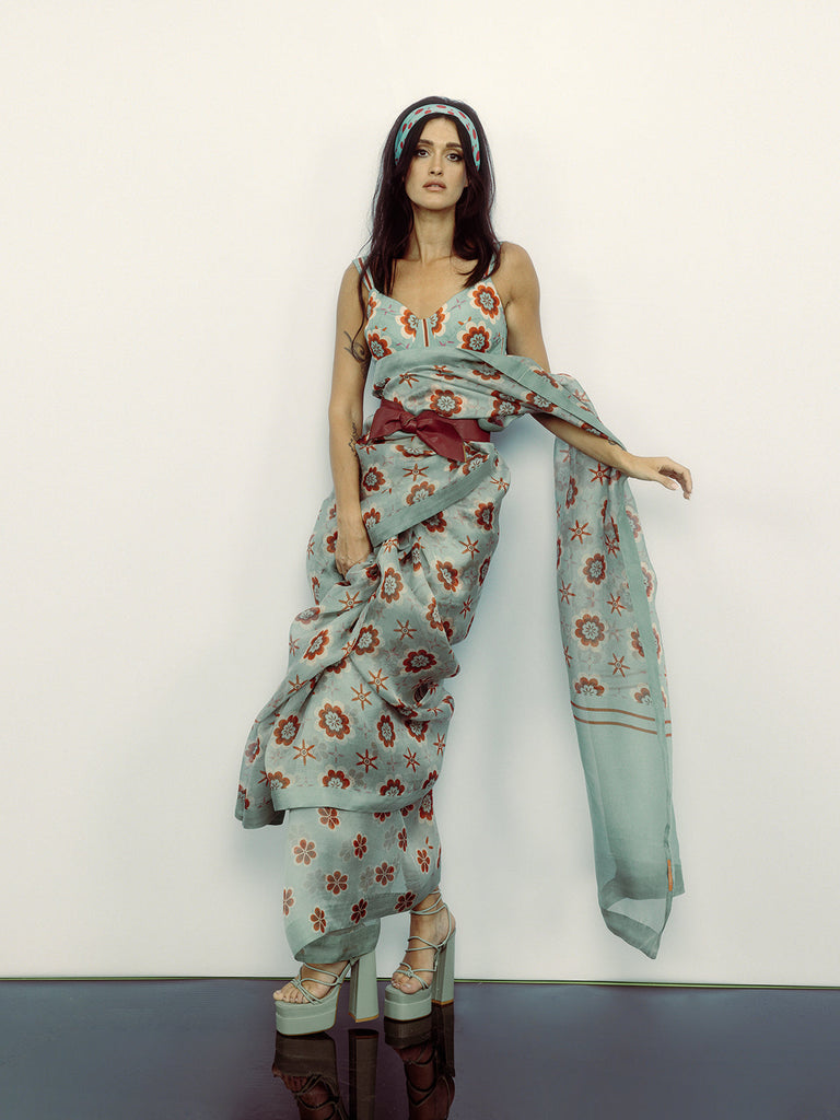 Teal Twiggy Bloom Saree