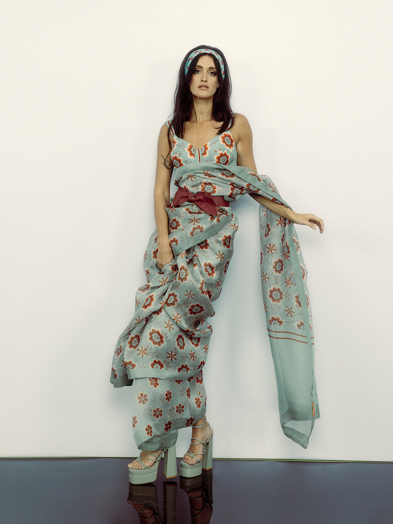 Teal Twiggy Bloom Saree