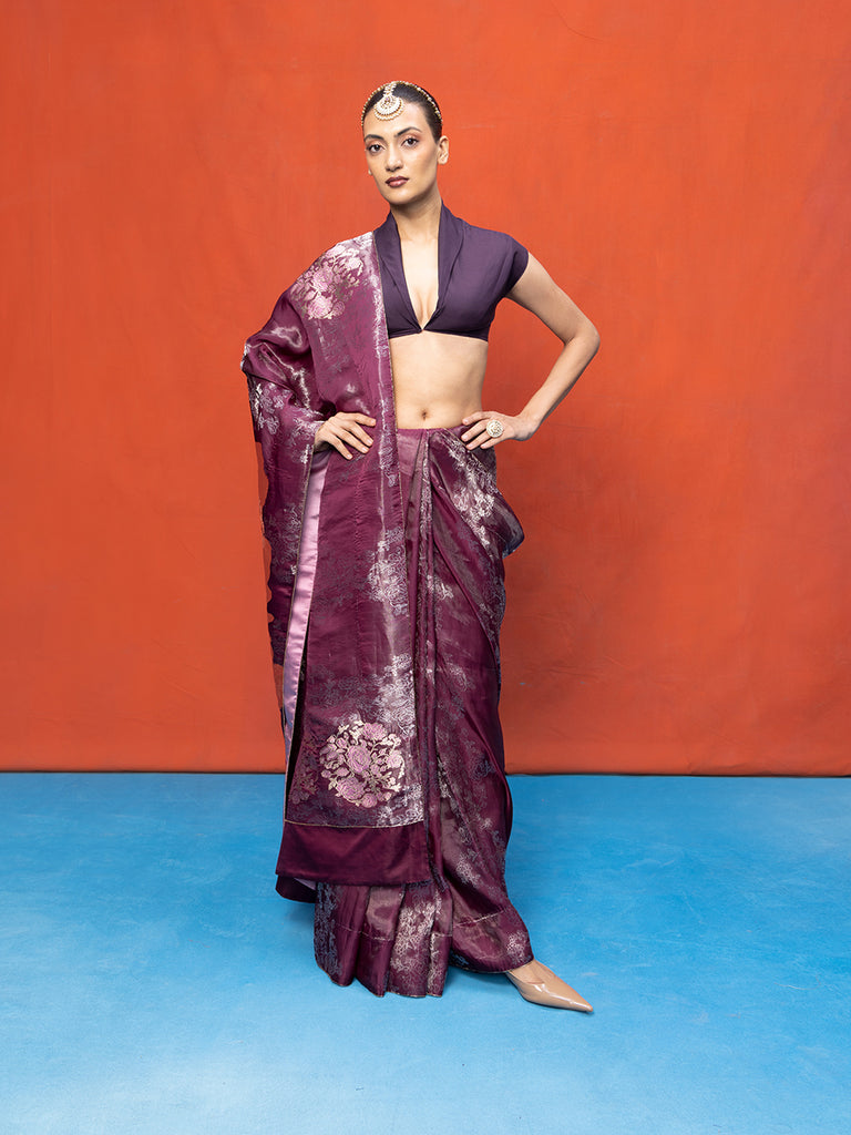 Handwoven Deep Merlot Satin Banarasi Saree