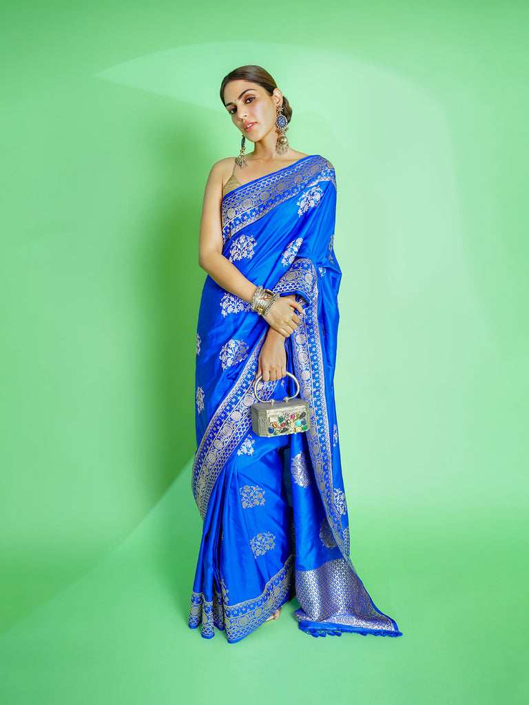 Rhea Chakraborty in Handwoven Blue Silk Saree