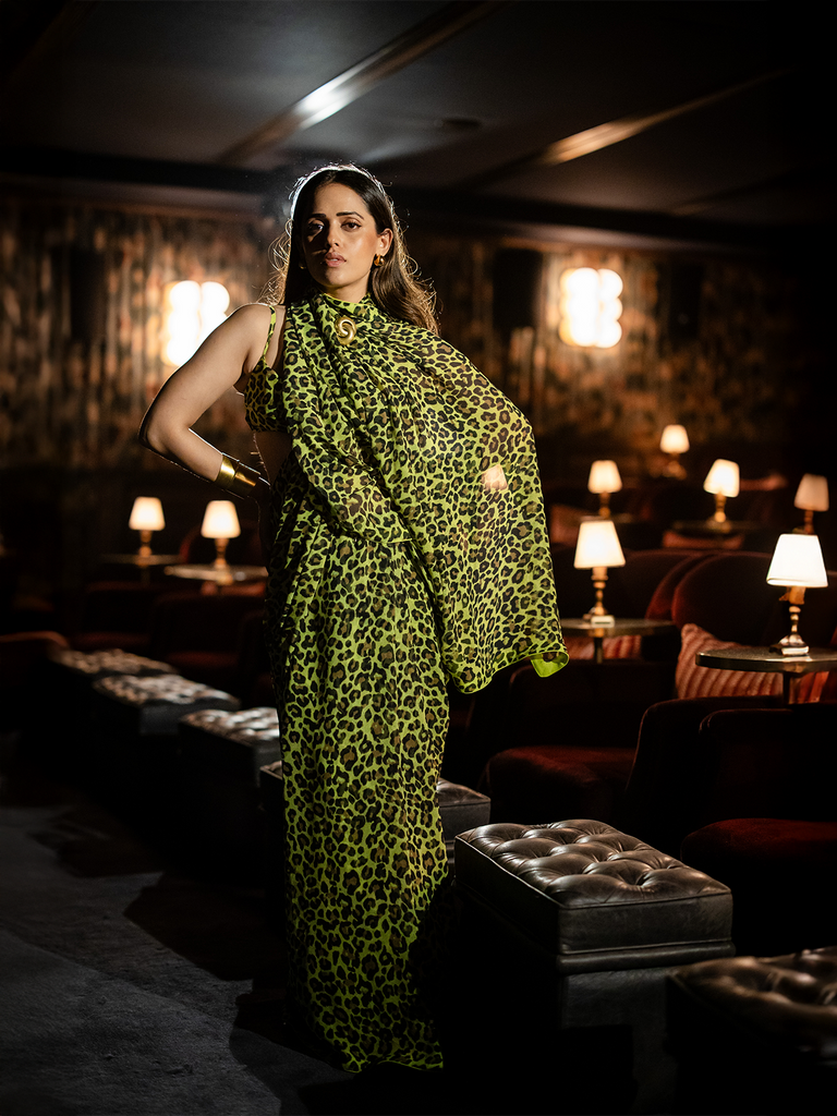 Green Leopard Print Saree