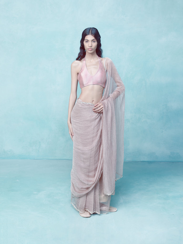 Handwoven Blush Pink Tissue Saree