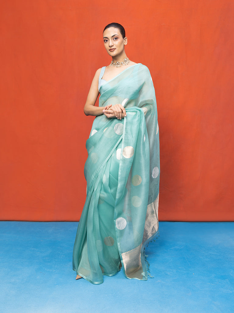 Handwoven Sea Green Kora Banarasi Saree