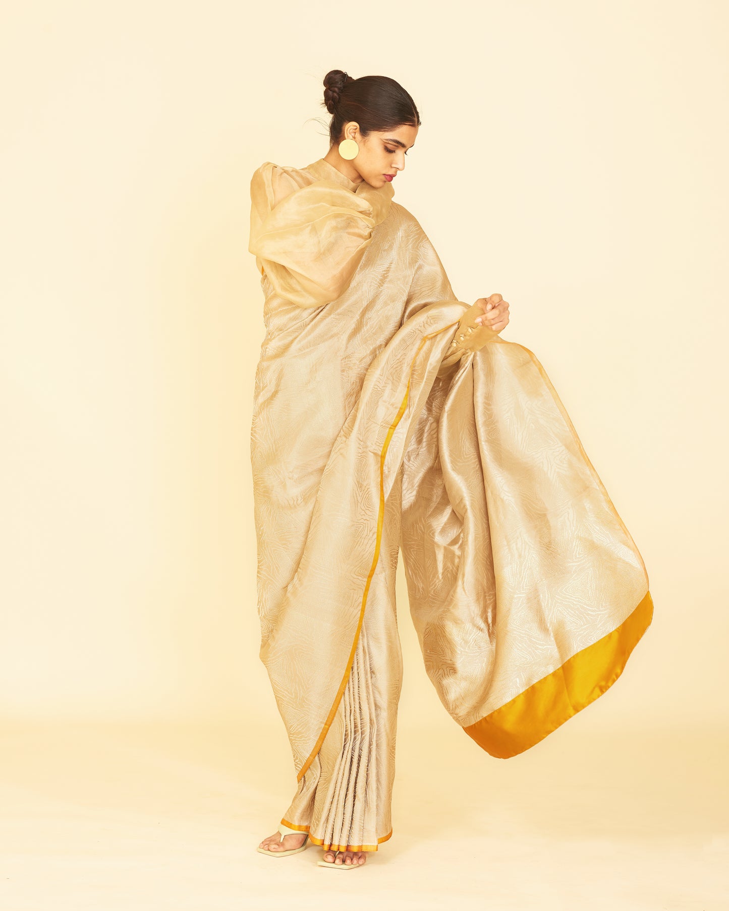 Handwoven Silver Satin Silk Sari