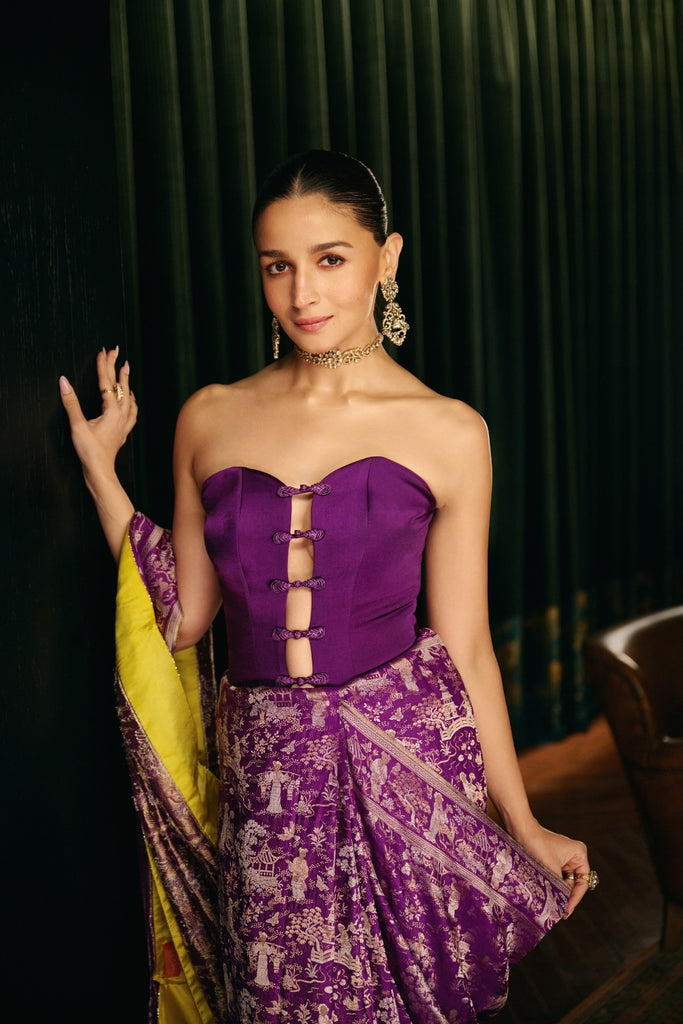 Alia Bhatt in Handwoven Purple Cheena Cheeni Emboss Saree