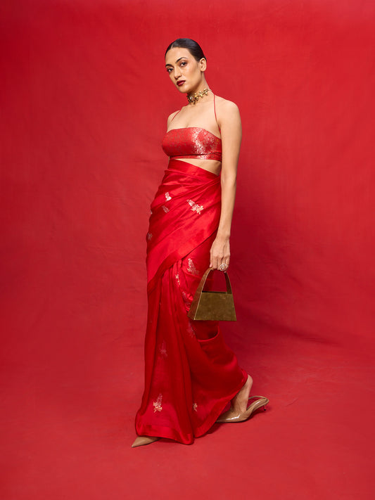 Handwoven Red Silk Embroidered Saree