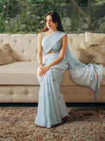 Handwoven Ice Blue Georgette Embroidered Saree