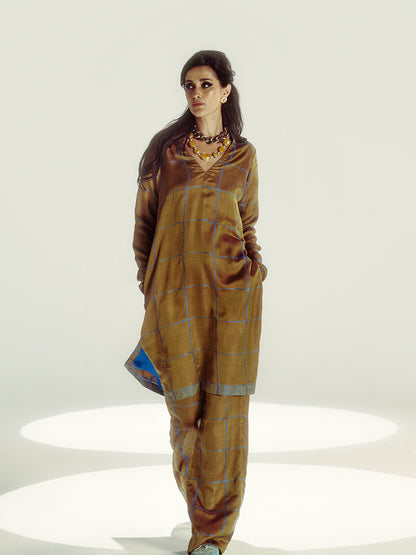 Brown Chessboard Kurta Set