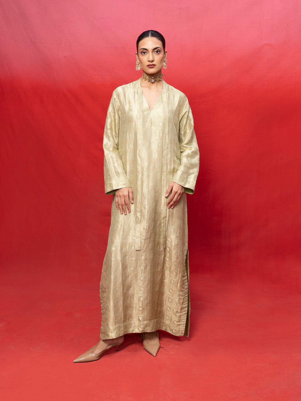 Handwoven Pistachio Green Silk Embossed Kaftan