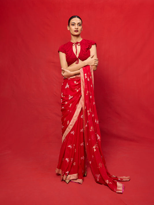 Handwoven Red Chiffon Banarasi Saree