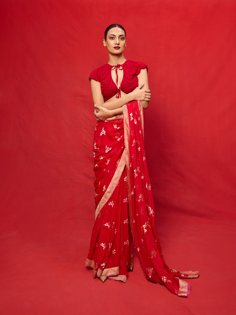 Handwoven Red Chiffon Banarasi Saree