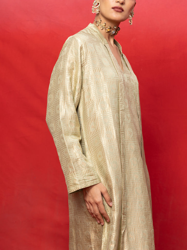 Handwoven Pistachio Green Silk Embossed Kaftan