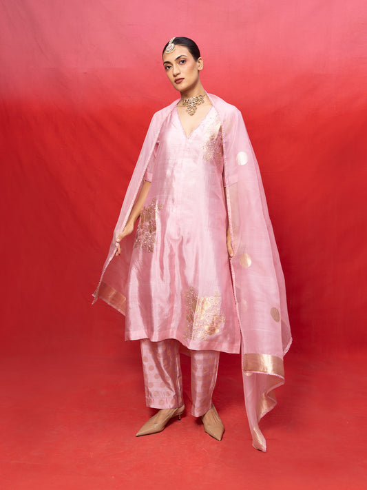 Handwoven Pink Silk Banarasi Suit