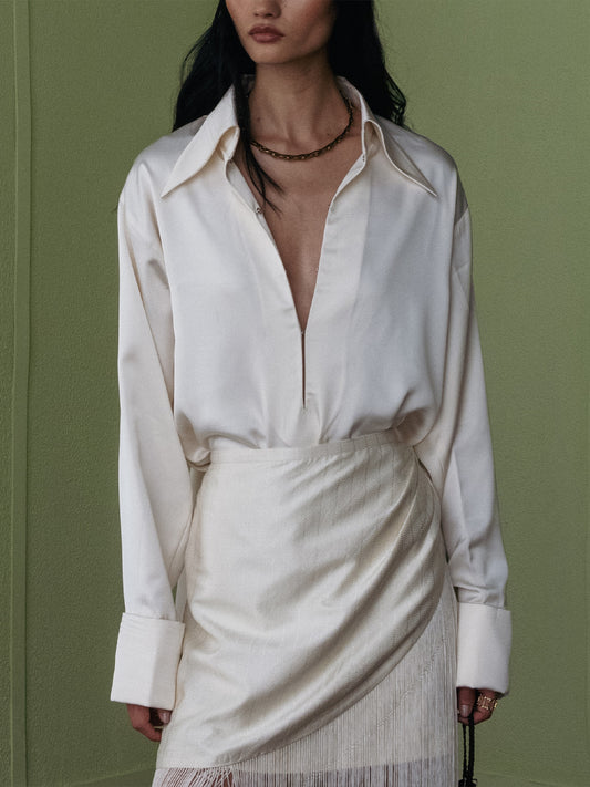 CREAM DEEP NECK SHIRT