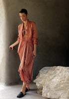 Muted Clay Organza Blazer With Drape Skirt