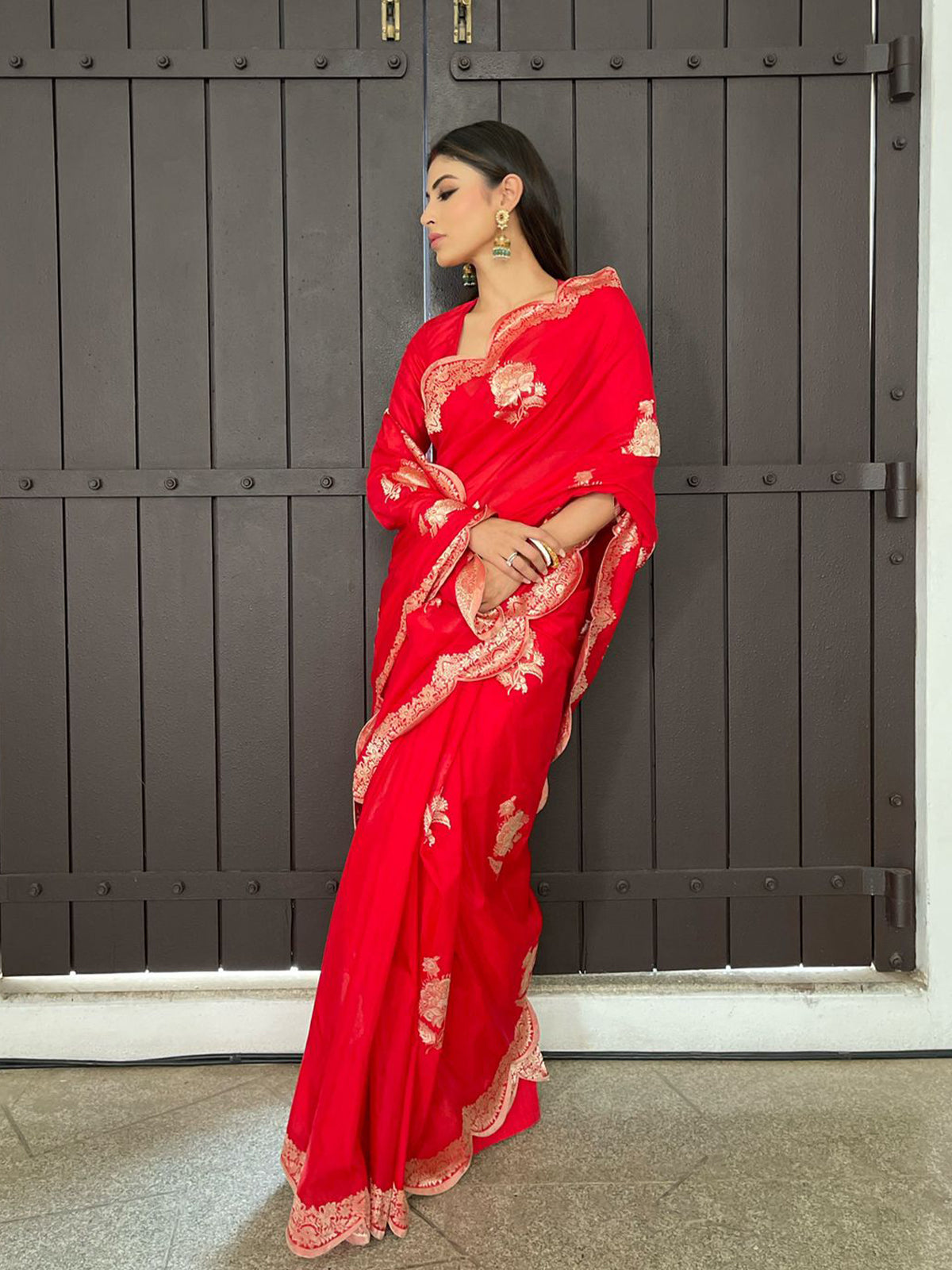 Mouni Roy in Handwoven Red Silk Saree