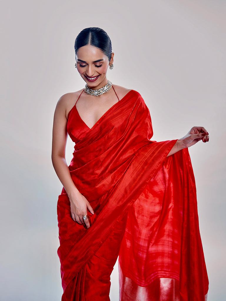 Manushi Chhillar In Handwoven Red Silk Saree