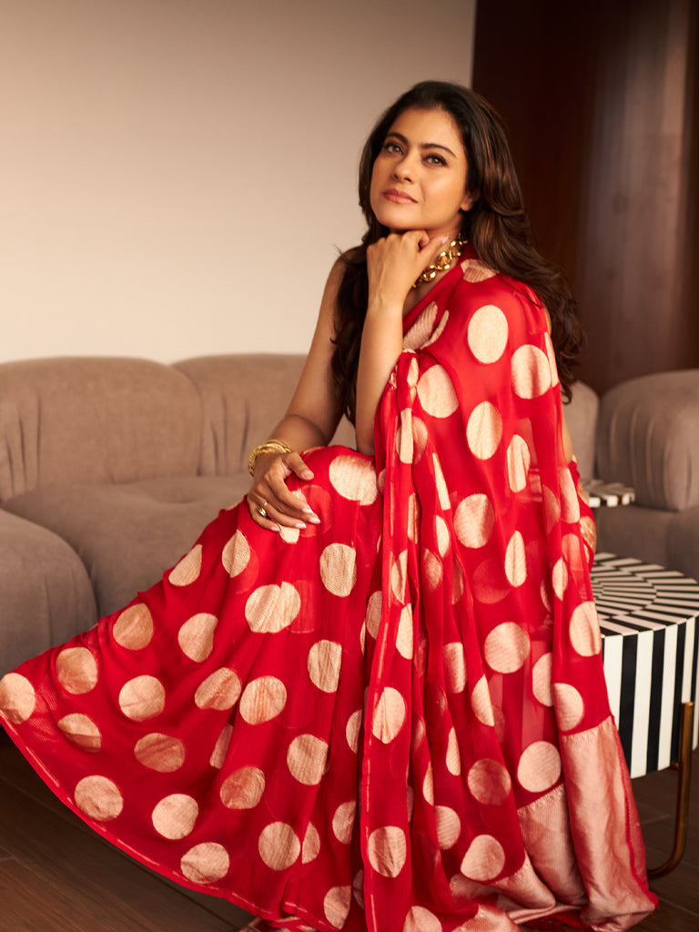 Kajol in Handwoven Red Georgette Saree