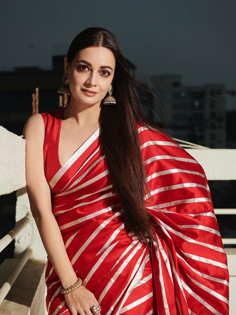 Dia Mirza in Handwoven Red Striped Satin Silk Saree