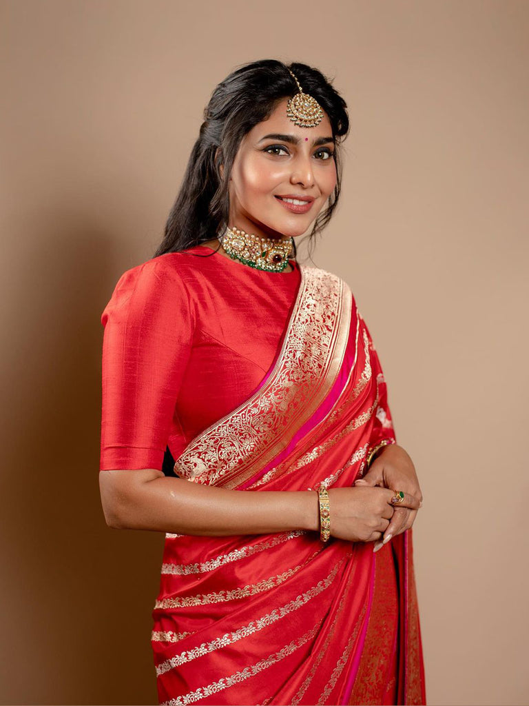Aishwarya Lekshmi in Handwoven Red Silk Saree