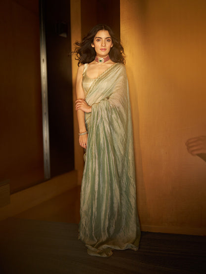 Pratibha Ranta In Handwoven Jade Green Tissue Saree