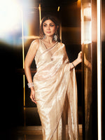 Shilpa Shetty In Handwoven Beige Tissue Saree