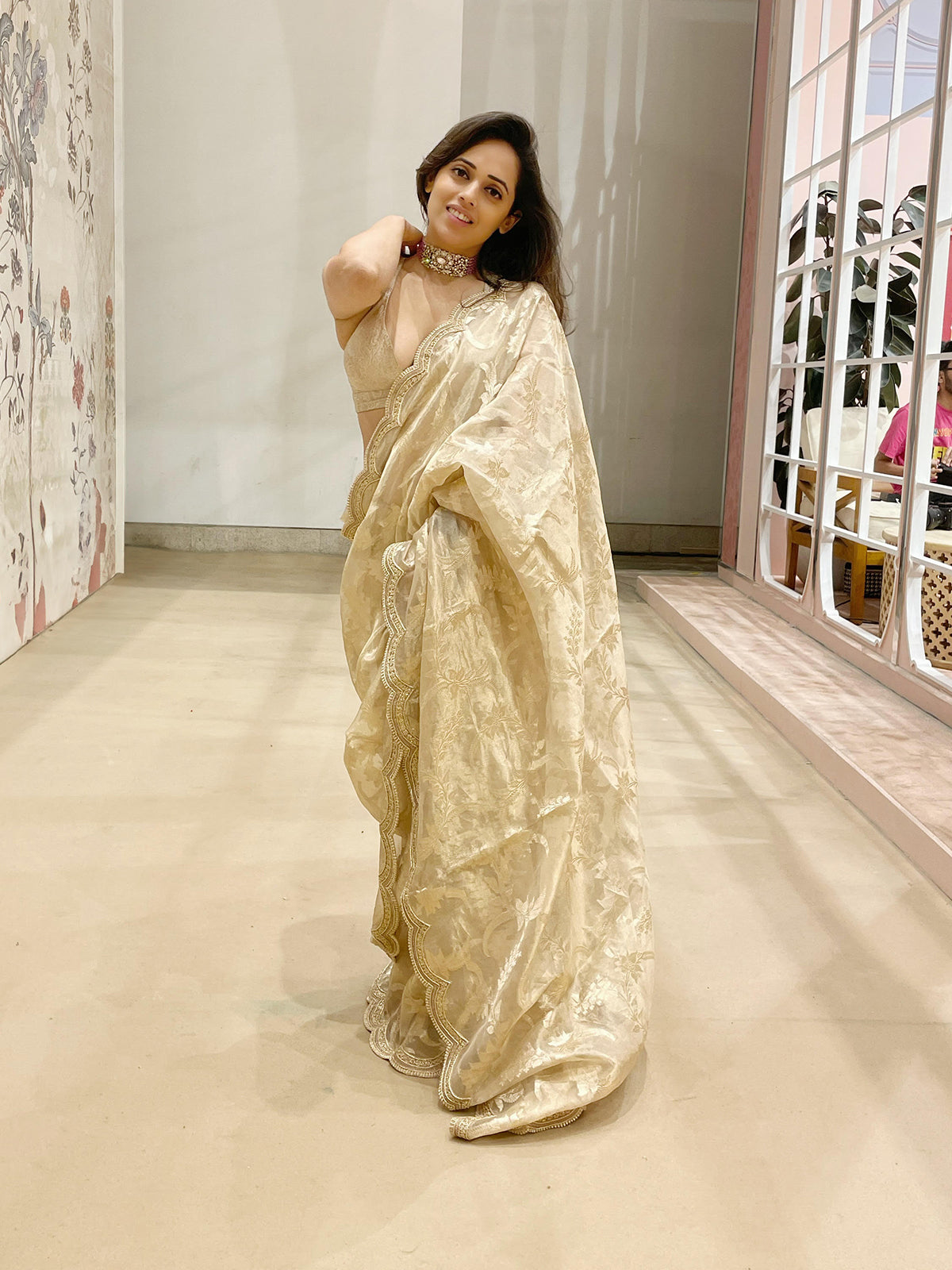 Handwoven Beige Tissue Saree