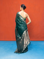 Handwoven Bottle Green Kora Banarasi Saree