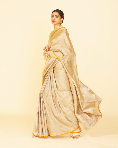Handwoven Silver Satin Silk Sari